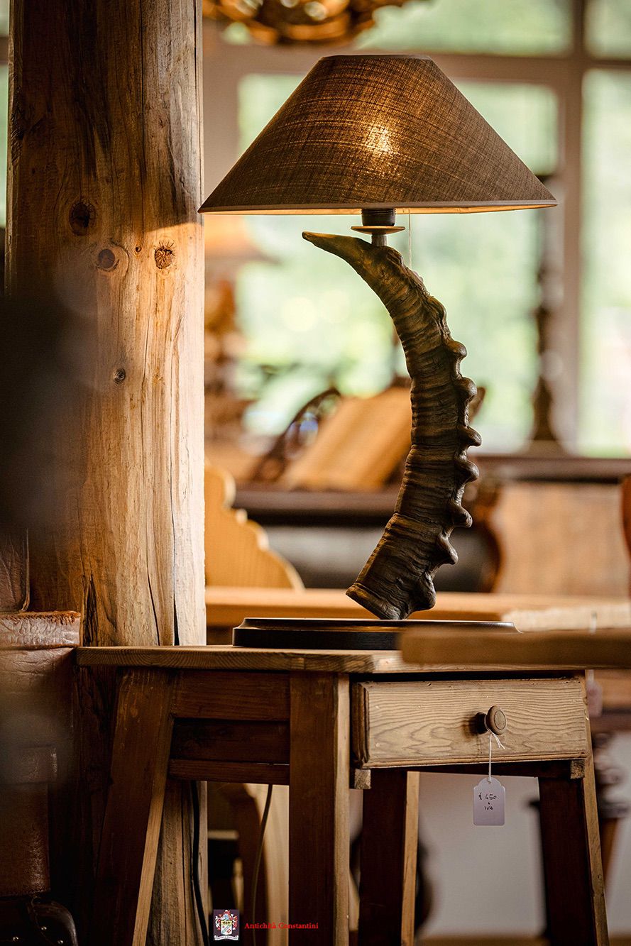 Lampada con paralume in tela e fusto in corno ricurvo, appoggiata su un comodino in legno con cassetto